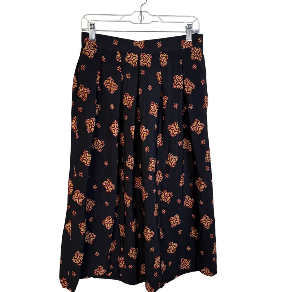 Talbots Midi Skirt Womens 12 Black Red Gold Vintage 90s USA Pleated Rayon EX